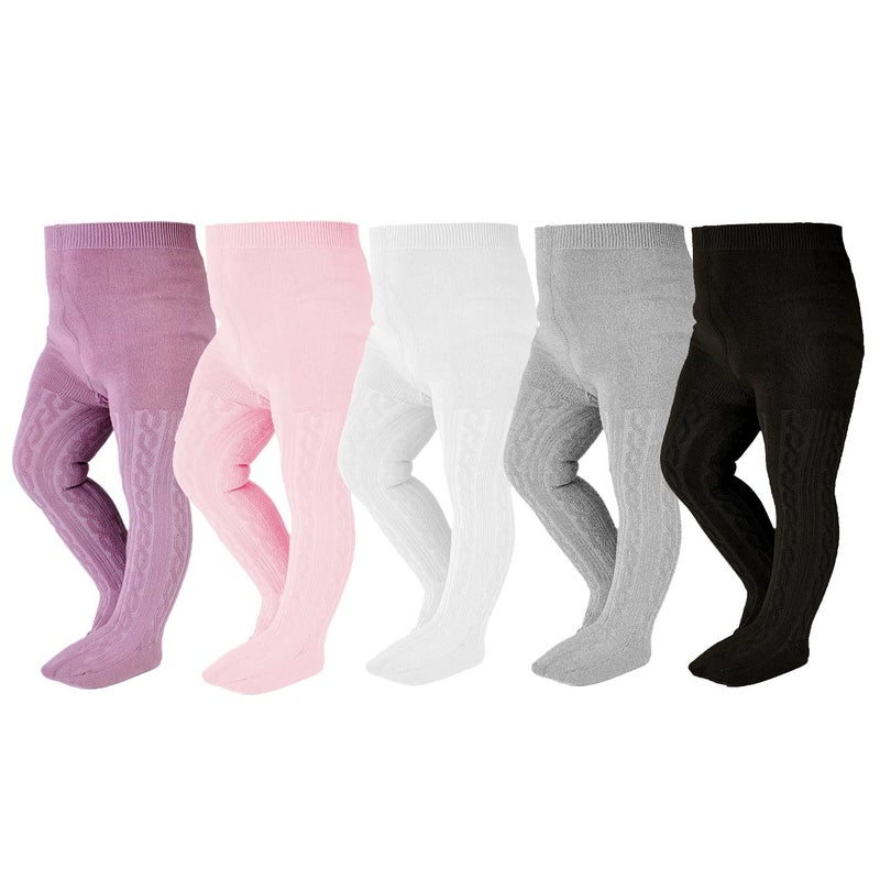 EPEIUS Baby Tights Newborn Girl Seamless Cable Knit Leggings Thick Cotton Stockings Footed Pants Pantyhose Clothes 0-3 Months 5 Pairs Pack Black/White/Light Grey/Pink/Purple - Image 1